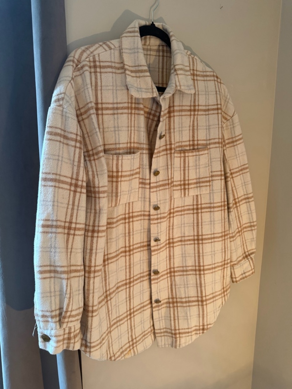 Cozy Plaid Shacket Jacket Cream Brown Oversized Button Front Size L
